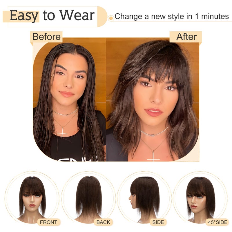 SEGO Hair Toppers for Women Real Human Hair With Bangs, 7 * 13CM Silk Base 100% Remy Human Hair Clip in Top Wiglet Hairpieces Add Volume -6 Inch Dark Brown - Image 5