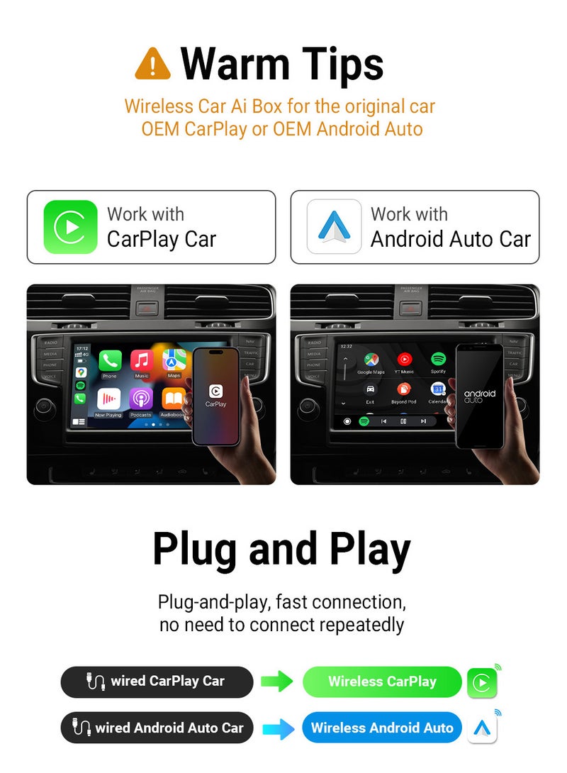 Ottocast Wired to Wireless CarPlay Box with USB-C & USB-A Cables, 5GHz Stable Signal, Auto Connection, Dashboard Navigation, Hands-Free Music, Voice Control, Android Auto Compatible - Image 3