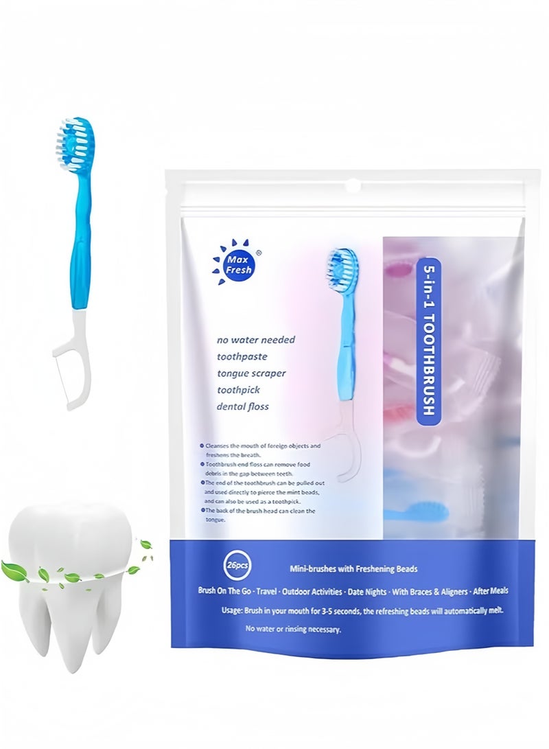 منت مجموعة فرشاة أسنان صغيرة 5 في 1 مع خيط تنظيف الأسنان ومكشطة اللسان وعود الأسنان، فرشاة أسنان صغيرة للاستخدام مرة واحدة مع حبيبات متفجرة، لا تحتاج إلى معجون أسنان، مريحة وسهلة الحمل، تنظف الفم وتنعش النفس، 26 قطعة (بنكهة النعناع) - Image 1