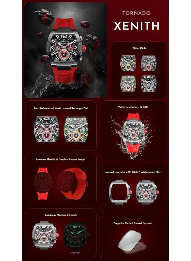 TORNADO Tornado Xenith Men's VX9J, High Precision Japanese Quartz Movement Watch, Multi Function Display and Premium Flexible & Durable Silicone Strap - T23105-XSHH, Green