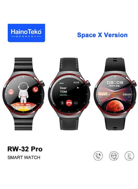 Haino Teko Germany RW32 Pro Space X Version Round Shape Curved Display Smart Watch With 3 Pair Straps and Wreless Charger Designed For Mens and Boys Black