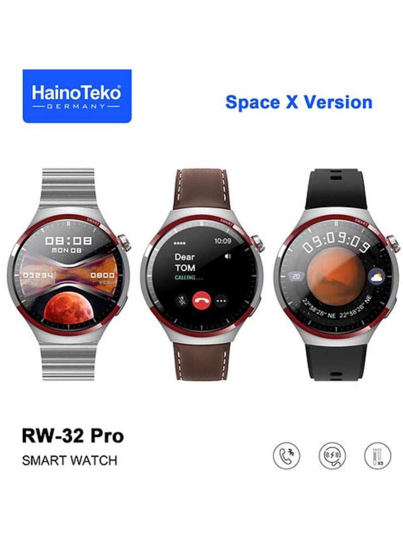 Haino Teko Germany RW32 Pro Space X Version Round Shape Curved Display Smart Watch With 3 Pair Straps and Wreless Charger Designed For Mens and Boys Black