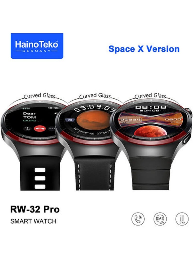 Haino Teko Germany RW32 Pro Space X Version Round Shape Curved Display Smart Watch With 3 Pair Straps and Wreless Charger Designed For Mens and Boys Black