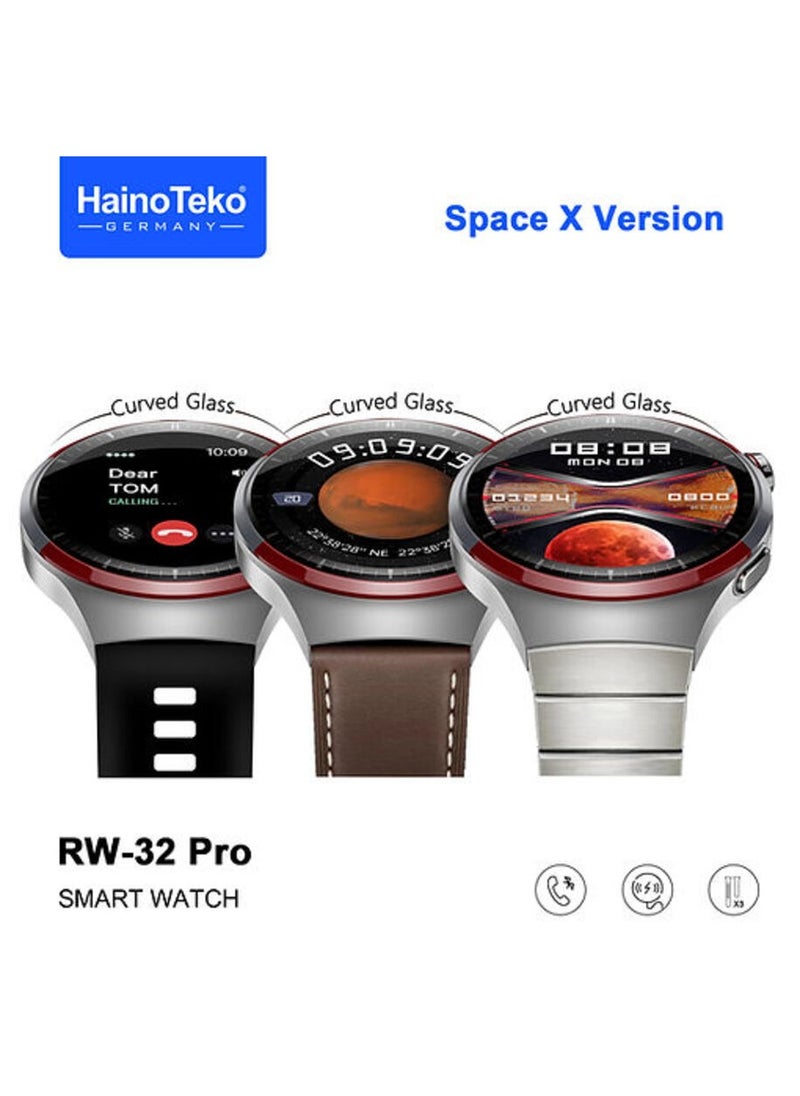 Haino Teko Germany RW32 Pro Space X Version Round Shape Curved Display Smart Watch With 3 Pair Straps and Wreless Charger Designed For Mens and Boys Black