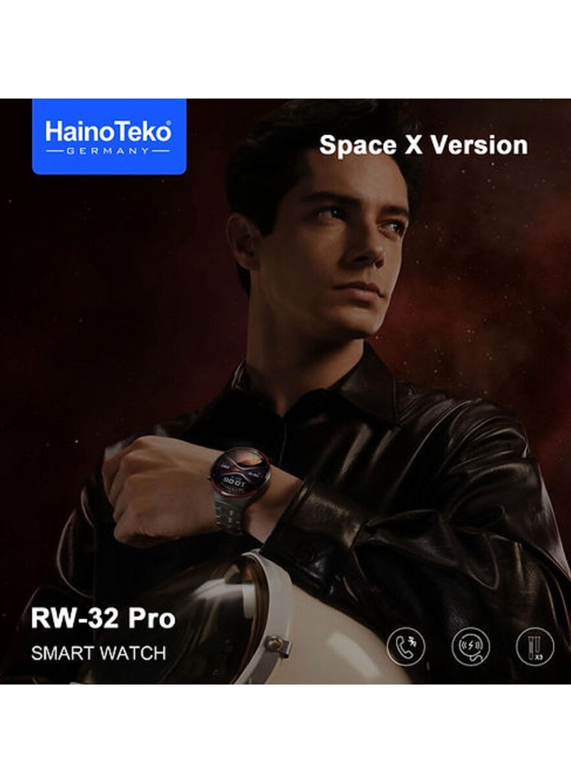 Haino Teko Germany RW32 Pro Space X Version Round Shape Curved Display Smart Watch With 3 Pair Straps and Wreless Charger Designed For Mens and Boys Black