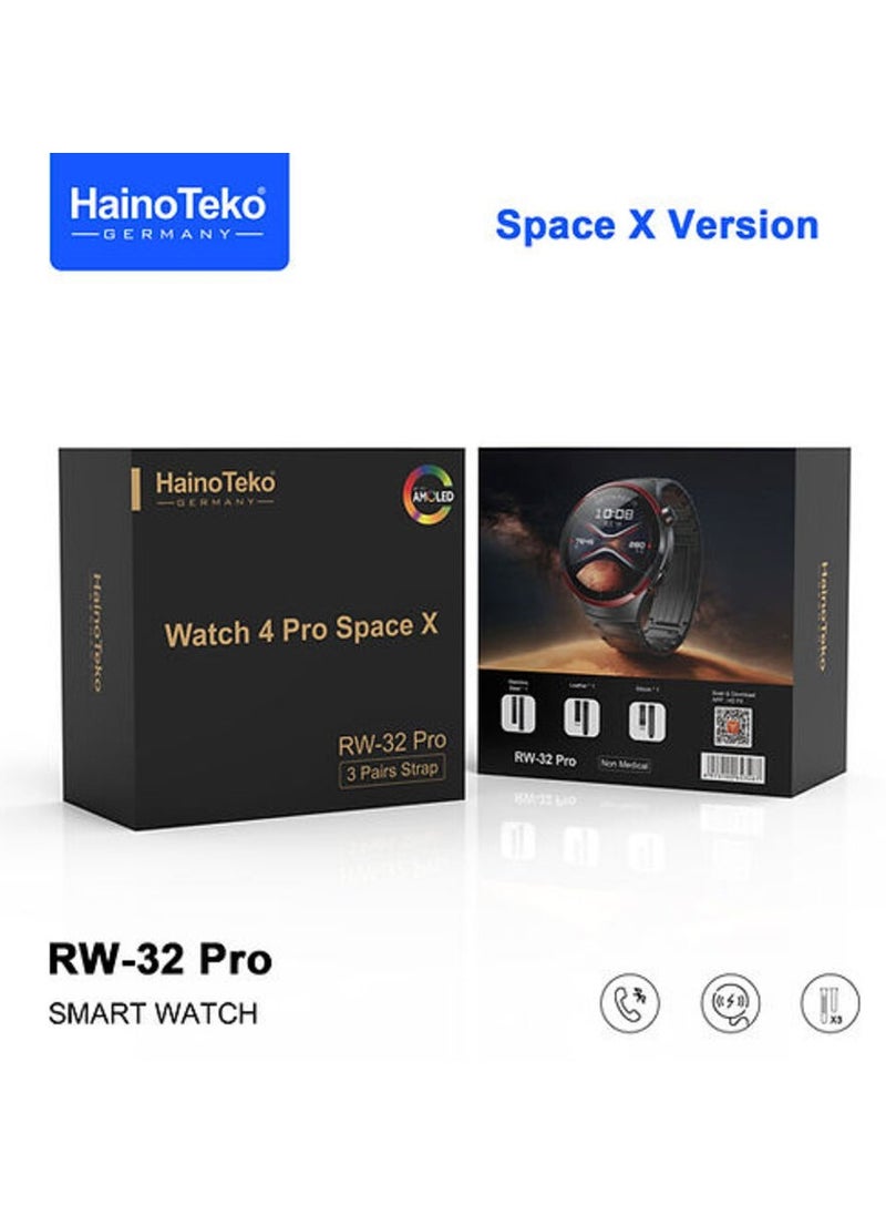 Haino Teko Germany RW32 Pro Space X Version Round Shape Curved Display Smart Watch With 3 Pair Straps and Wreless Charger Designed For Mens and Boys Black