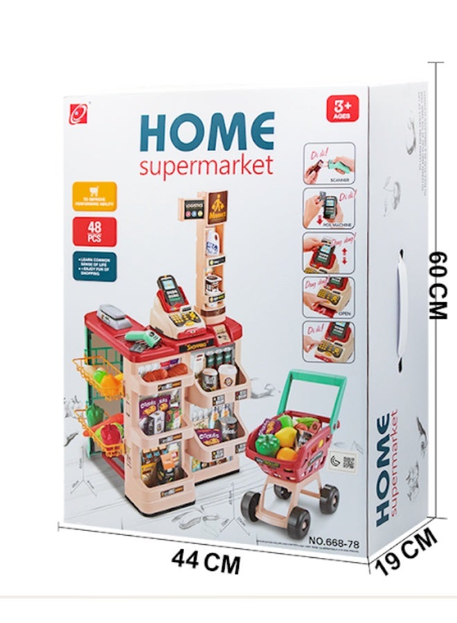 Home 48 Pcs Kids Supermarket Set - Cash Register, Shopping Cart & Accessories (Model NO.21638) - Attractive Educational Toy for Kids to Learn Math & Shopping Safely. - Image 2