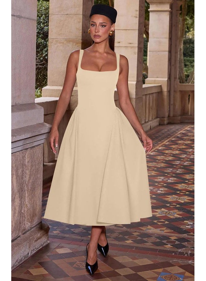 Memoriesea Women's Elegant Square Neck Swing A Line Wedding Evening Party Midi Dress, Apricot, XXL - Image 5