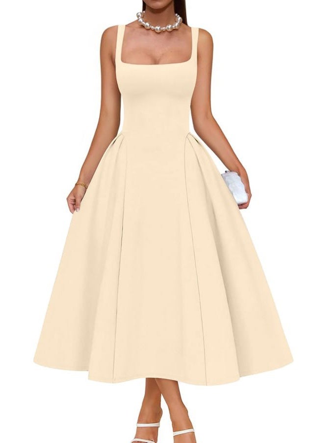 Memoriesea Women's Elegant Square Neck Swing A Line Wedding Evening Party Midi Dress, Apricot, XXL - Image 1