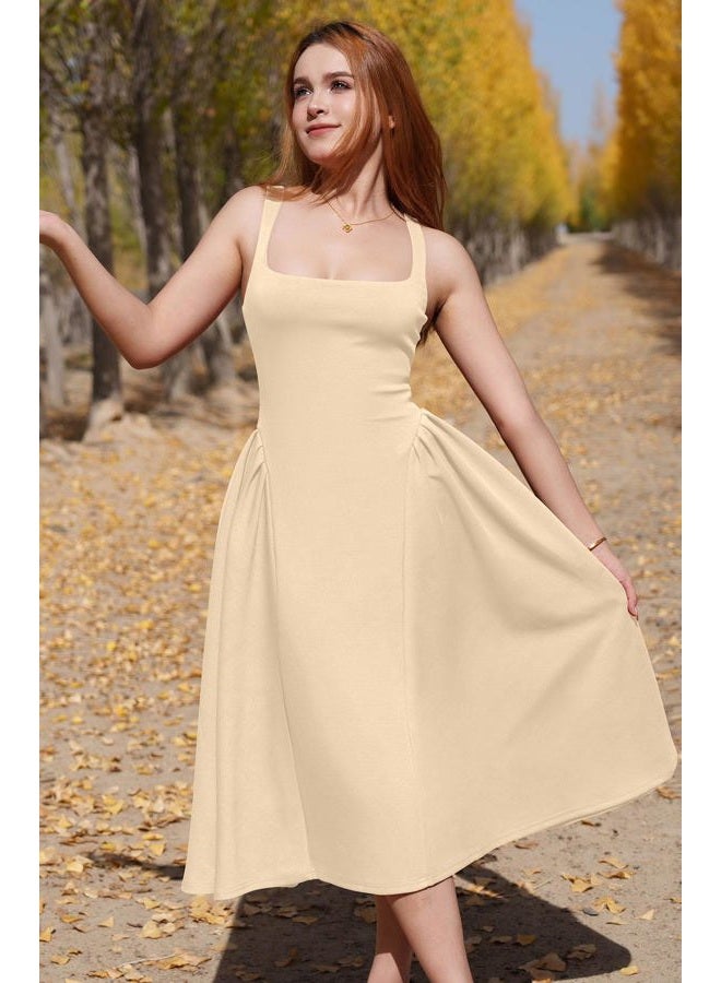 Memoriesea Women's Elegant Square Neck Swing A Line Wedding Evening Party Midi Dress, Apricot, XXL - Image 2