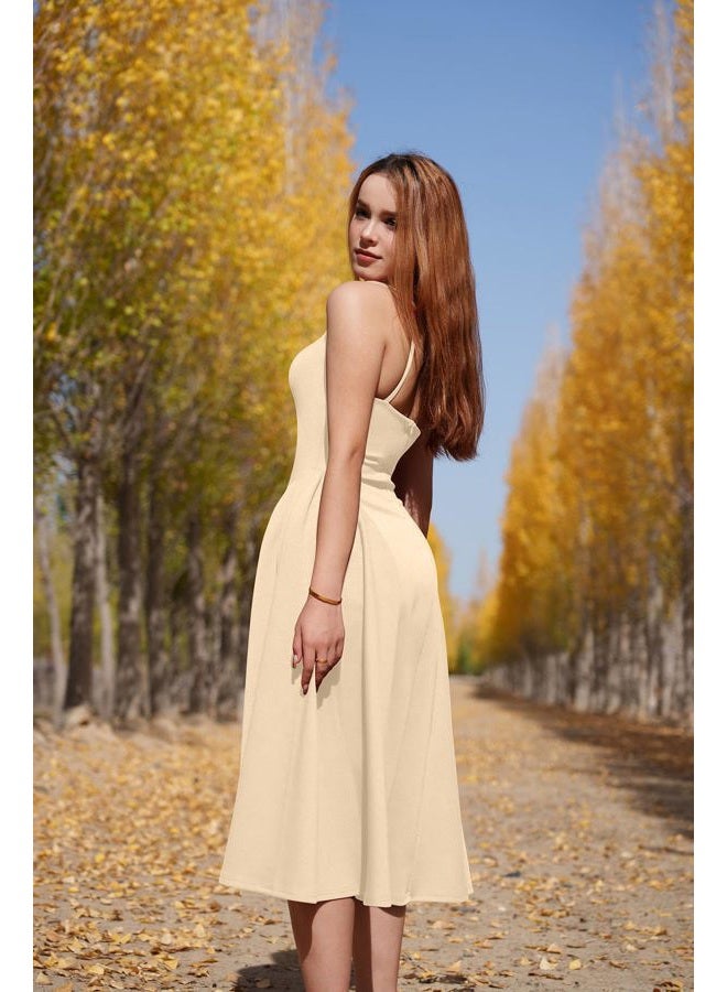 Memoriesea Women's Elegant Square Neck Swing A Line Wedding Evening Party Midi Dress, Apricot, XXL - Image 3