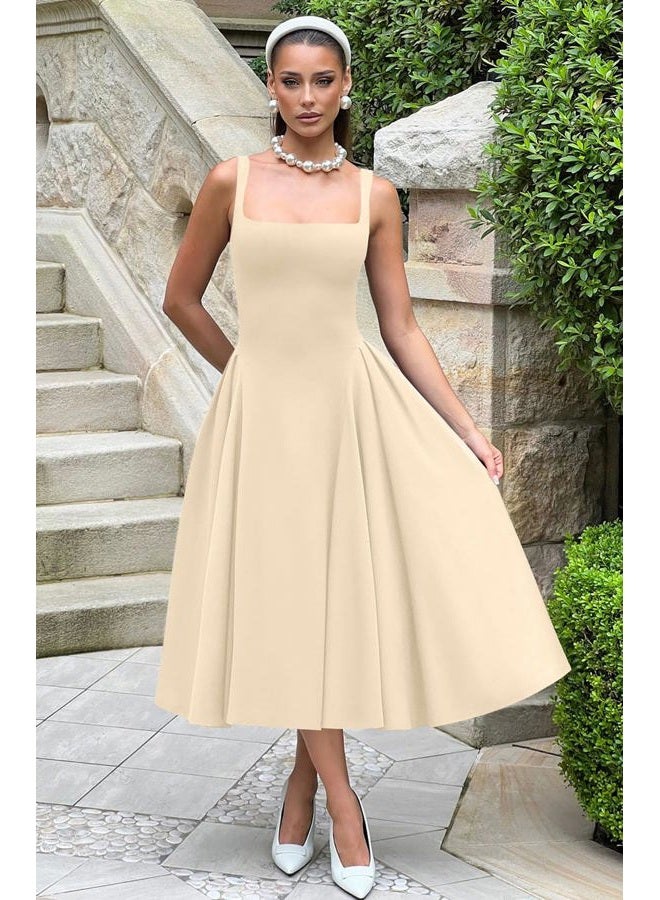 Memoriesea Women's Elegant Square Neck Swing A Line Wedding Evening Party Midi Dress, Apricot, XXL - Image 4