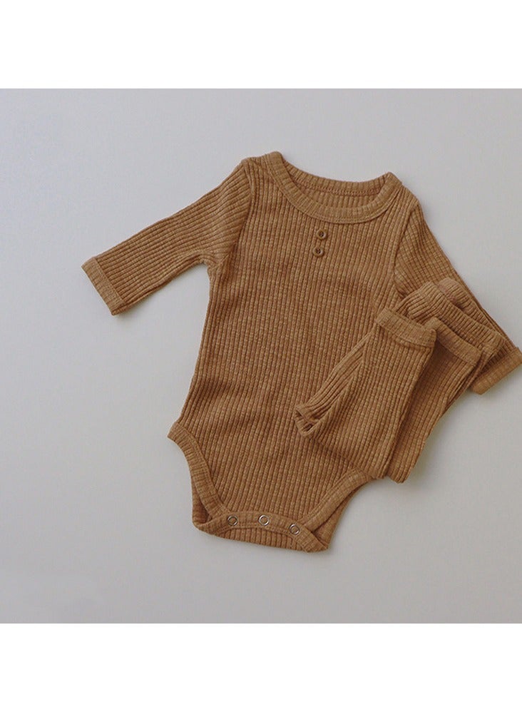 Baby Crawling Clothes Baby Brown Onesie + Pants Set - Image 1