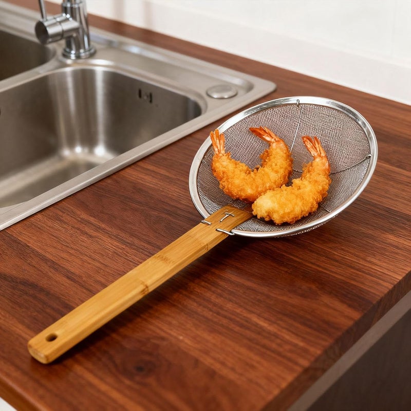 Skimmer Spoon Strainer Ladle Extended Handle Kitchen Utensil Bamboo Grip Suitable for Boiling Frying Cooking Draining, 24cm - Image 5