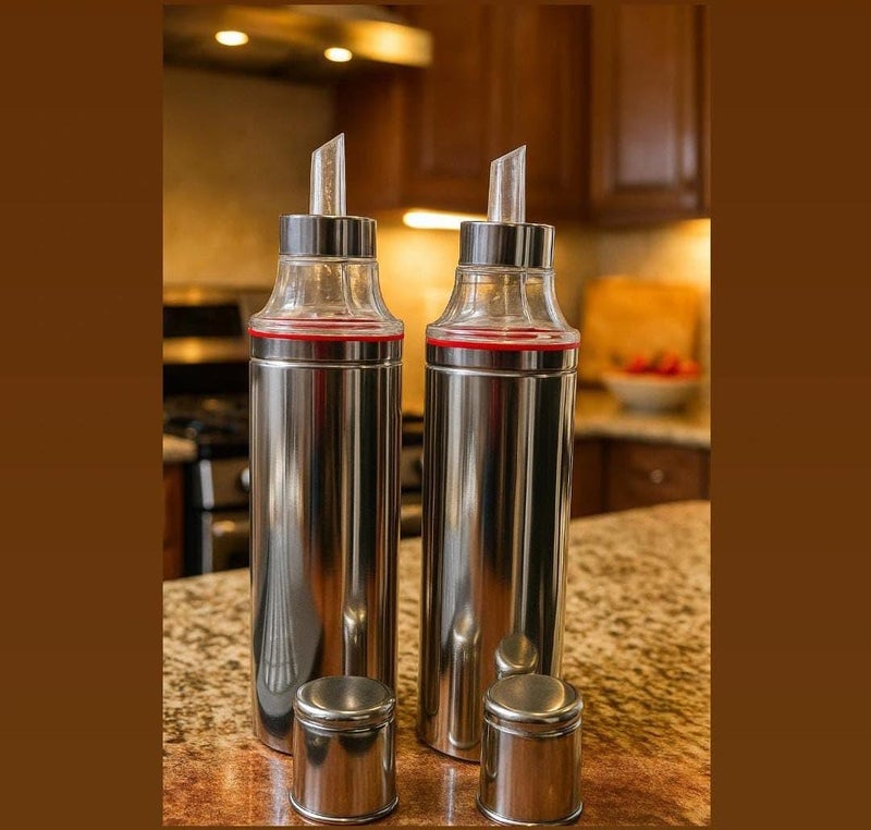 VISAXMI Stainless Steel Oil Dispenser for Kitchen | Pack of 2 | Leak-Proof Steel Oil Bottle with Transparent Pouring Cap | Cooking Oil Can Steel (1000 ml) - Image 1