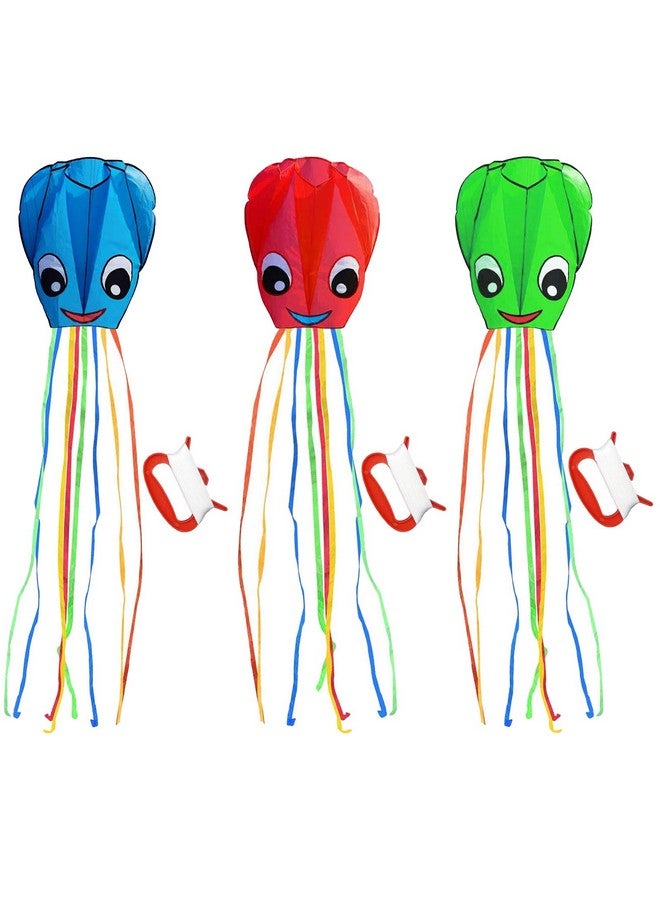 Listenman 3 Pack Large New Upgraded Smiley Octopus Kites, Long Tail Beautiful Kite For Kids Adults Easy Fly To For Beach Great Outdoor Games And Activities With Family, Red Blue Green 3 Colors - Image 1