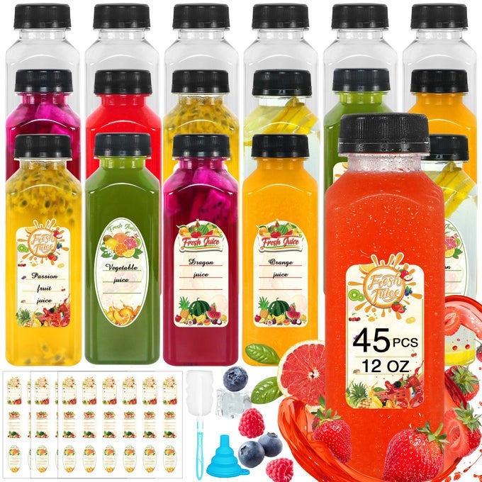 PLASTIC JUICE BOTTLES WITH CAPS 12 OZ 45 PCS JUICE BOTTLES CLEAR EMPTY REUSABLE JUICE BOTTLE WITH TAMPER LIDS FOR JUICING REFILLABLE JUICE BOTTLES FOR TRAVEL