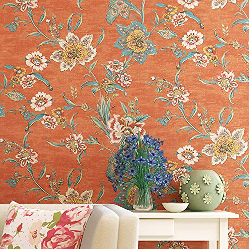 TaoGift Peel and Stick Vintage Floral Wallpaper Self Adhesive Non-Woven Flower Contact Paper Kitchen Bathroom Backsplash Wall Paper Mural Sticker (Orange, 20.86inx9.8ft) - Image 1