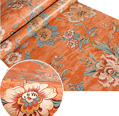 TaoGift Peel and Stick Vintage Floral Wallpaper Self Adhesive Non-Woven Flower Contact Paper Kitchen Bathroom Backsplash Wall Paper Mural Sticker (Orange, 20.86inx9.8ft) - Image 2