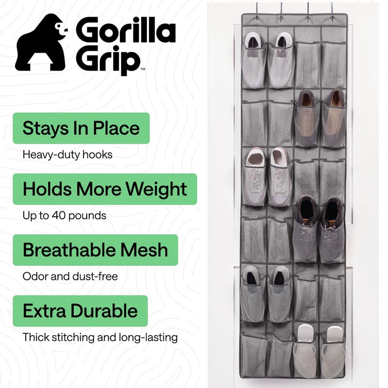 GORILLA GRIP Over the Door Shoe Organizer, 2 Pack, 24 Breathable Mesh Pockets, Space Saving Hanging Storage Holder, Closet Rack Hanger Holds Up to 40 lbs, Hangs on Closets, Shoes, Accessories, Grey - Image 2
