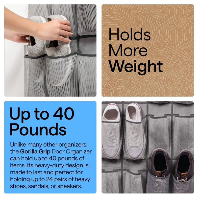 GORILLA GRIP Over the Door Shoe Organizer, 2 Pack, 24 Breathable Mesh Pockets, Space Saving Hanging Storage Holder, Closet Rack Hanger Holds Up to 40 lbs, Hangs on Closets, Shoes, Accessories, Grey - Image 3