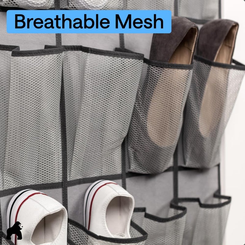 GORILLA GRIP Over the Door Shoe Organizer, 2 Pack, 24 Breathable Mesh Pockets, Space Saving Hanging Storage Holder, Closet Rack Hanger Holds Up to 40 lbs, Hangs on Closets, Shoes, Accessories, Grey - Image 5