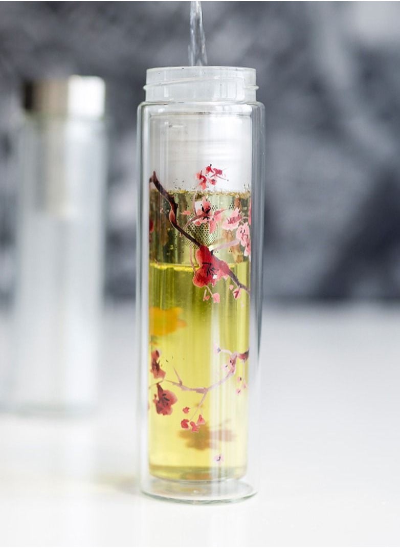 Tealand - Borosilicate Flowtea Cherry Blossom Double Walled Glass Bottle With Lid & Filter for Hot Cold Drinks (0.44L) - Image 1
