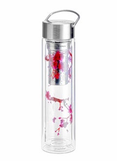 Borosilicate Flowtea Cherry Blossom Double Walled Glass Bottle With Lid & Filter for Hot Cold Drinks (0.44L)