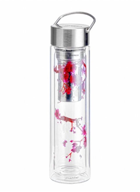 Borosilicate Flowtea Cherry Blossom Double Walled Glass Bottle With Lid & Filter for Hot Cold Drinks (0.44L)