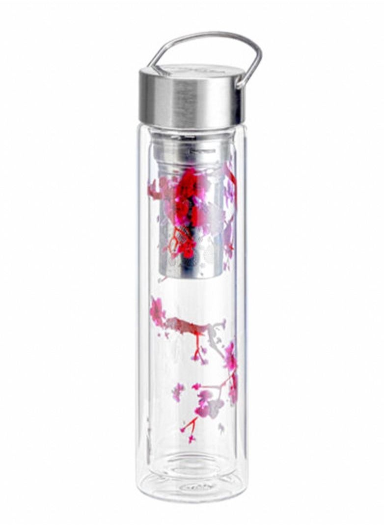 Tealand - Borosilicate Flowtea Cherry Blossom Double Walled Glass Bottle With Lid & Filter for Hot Cold Drinks (0.44L) - Image 1