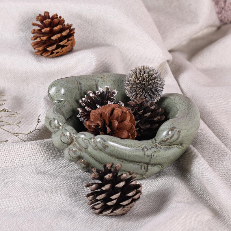 oliruim Ceramic Hands Bowl Dish Sculpture, Giving Hands Candy Holder for Succulent Planter, Crystal Rock Holder, Office, Keys Bowl for Entryway Table (Vintage Green) - Image 3