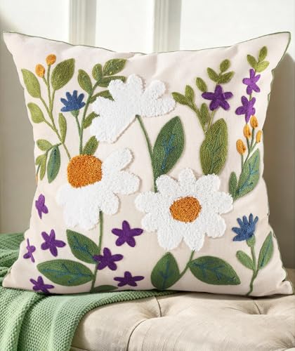 Kokaaee Spring Pillow Cover 18x18 Inch Embroidered Summer Throw Pillow Cover Green Leaves Daisy Farmhouse Decorative Cushion Case with Hidden Zipper Decoration for Couch Sofa Living Room1 Pack - Image 1