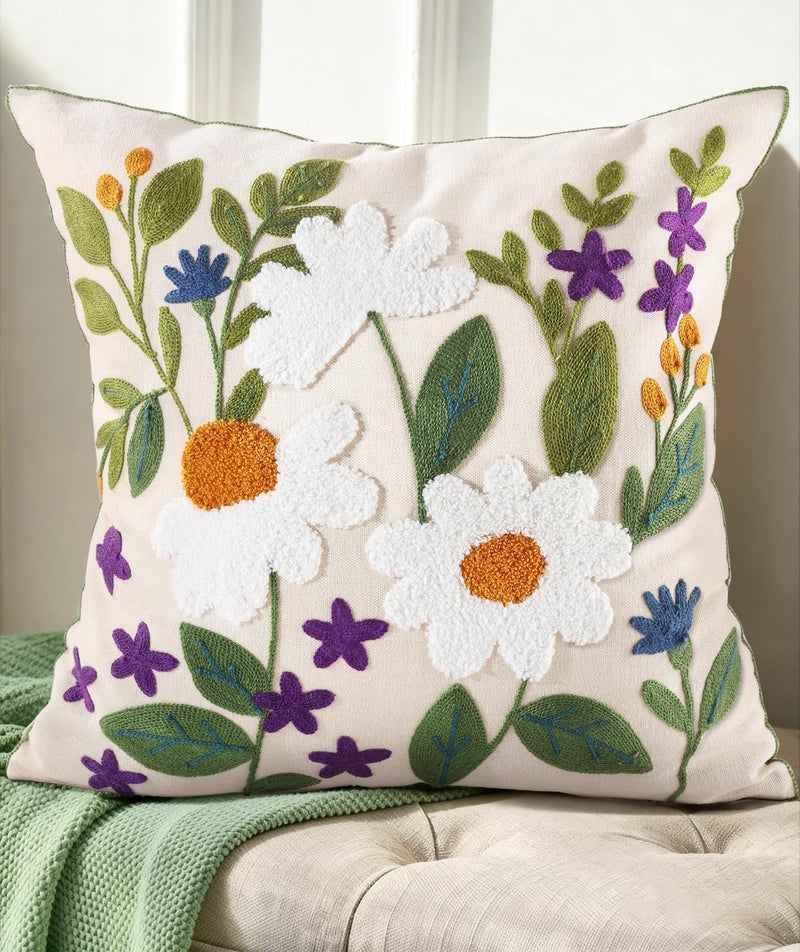 Kokaaee Spring Pillow Cover 18x18 Inch Embroidered Summer Throw Pillow Cover Green Leaves Daisy Farmhouse Decorative Cushion Case with Hidden Zipper Decoration for Couch Sofa Living Room1 Pack - Image 2