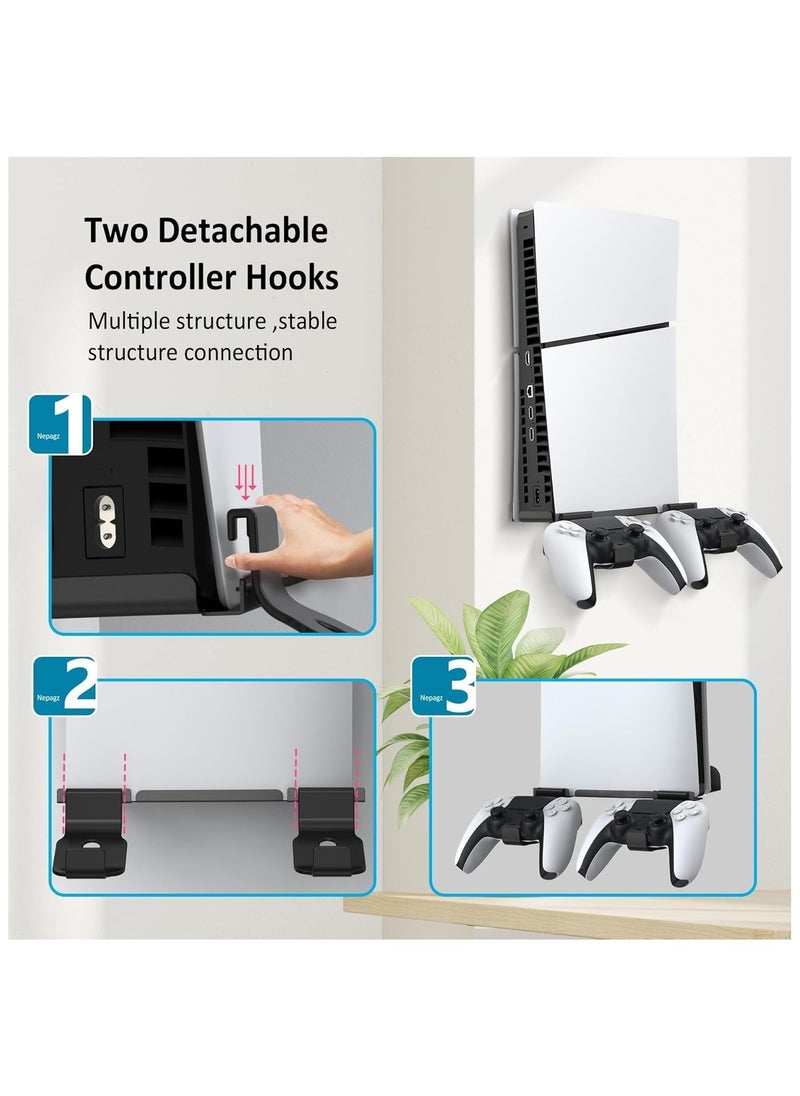 PGTECH - PS5 Slim Wall Mount Stand 2023 (Disc And Digital Edition) With 2 Removable Controller Holder , Screw Fixing (Black) - Image 1