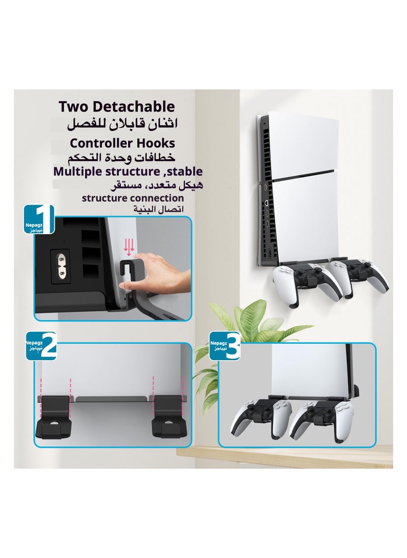PGTECH - PS5 Slim Wall Mount Stand 2023 (Disc And Digital Edition) With 2 Removable Controller Holder , Screw Fixing (Black) - Image 1