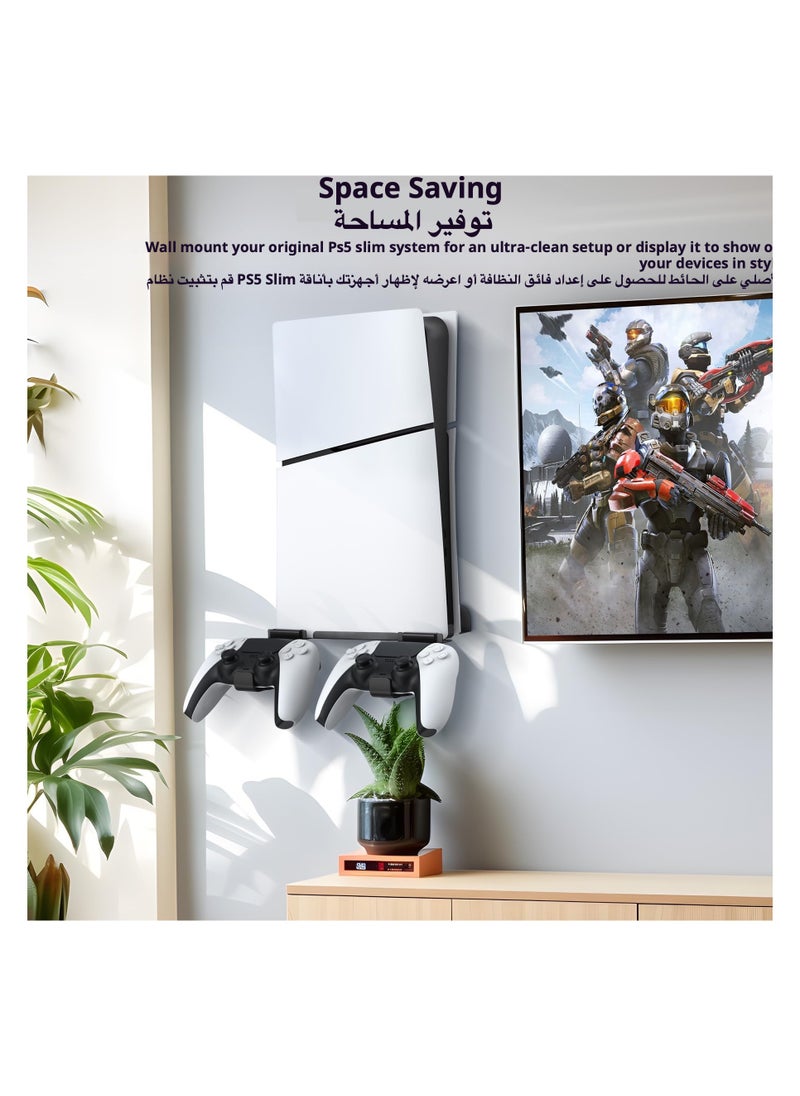 PGTECH - PS5 Slim Wall Mount Stand 2023 (Disc And Digital Edition) With 2 Removable Controller Holder , Screw Fixing (Black) - Image 1