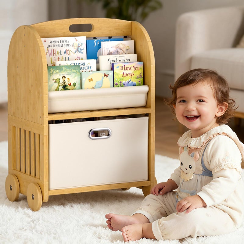 EZ2LIVE 2-Sided, 3-Tier Bamboo Kids Bookshelf, Montessori Shelf with Safe Wheels and Large Storage Drawer, Toddler Bookcase Nursery Book Shelves and Toy Storage for Baby Rooms Playroom Kindergarten - Image 1