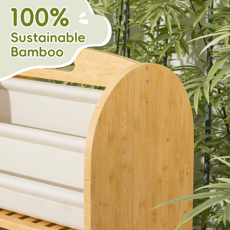 EZ2LIVE 2-Sided, 3-Tier Bamboo Kids Bookshelf, Montessori Shelf with Safe Wheels and Large Storage Drawer, Toddler Bookcase Nursery Book Shelves and Toy Storage for Baby Rooms Playroom Kindergarten - Image 4
