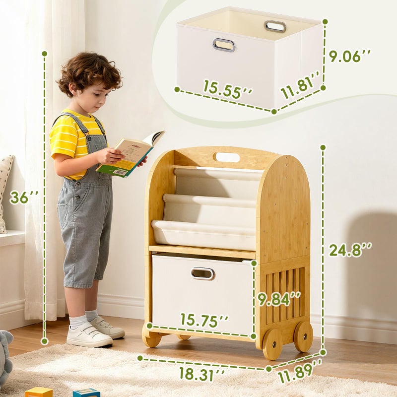 EZ2LIVE 2-Sided, 3-Tier Bamboo Kids Bookshelf, Montessori Shelf with Safe Wheels and Large Storage Drawer, Toddler Bookcase Nursery Book Shelves and Toy Storage for Baby Rooms Playroom Kindergarten - Image 2