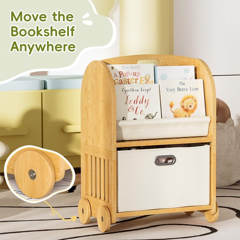 EZ2LIVE 2-Sided, 3-Tier Bamboo Kids Bookshelf, Montessori Shelf with Safe Wheels and Large Storage Drawer, Toddler Bookcase Nursery Book Shelves and Toy Storage for Baby Rooms Playroom Kindergarten - Image 5