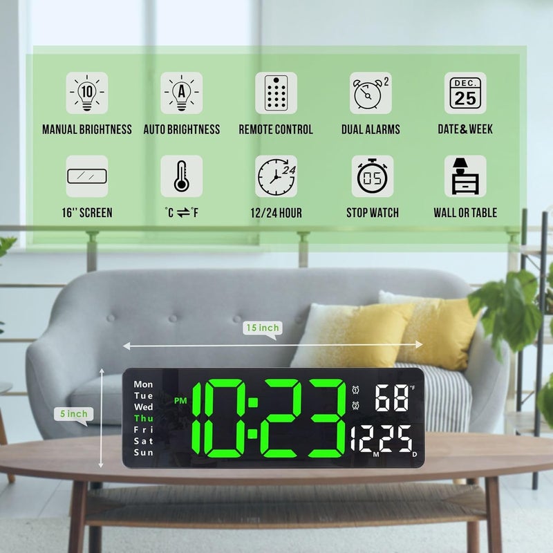 Plumeet 16'' Large LED Wall Clock with Remote Control, Big Digits, Auto-Dimming, 2 Alarm, Silent, Green - Image 2
