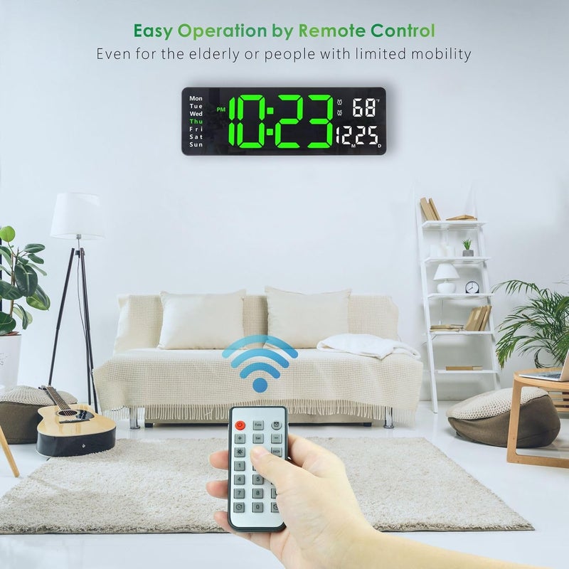 Plumeet 16'' Large LED Wall Clock with Remote Control, Big Digits, Auto-Dimming, 2 Alarm, Silent, Green - Image 3