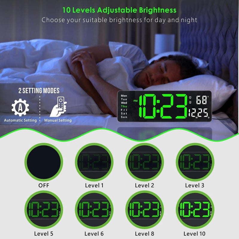 Plumeet 16'' Large LED Wall Clock with Remote Control, Big Digits, Auto-Dimming, 2 Alarm, Silent, Green - Image 4