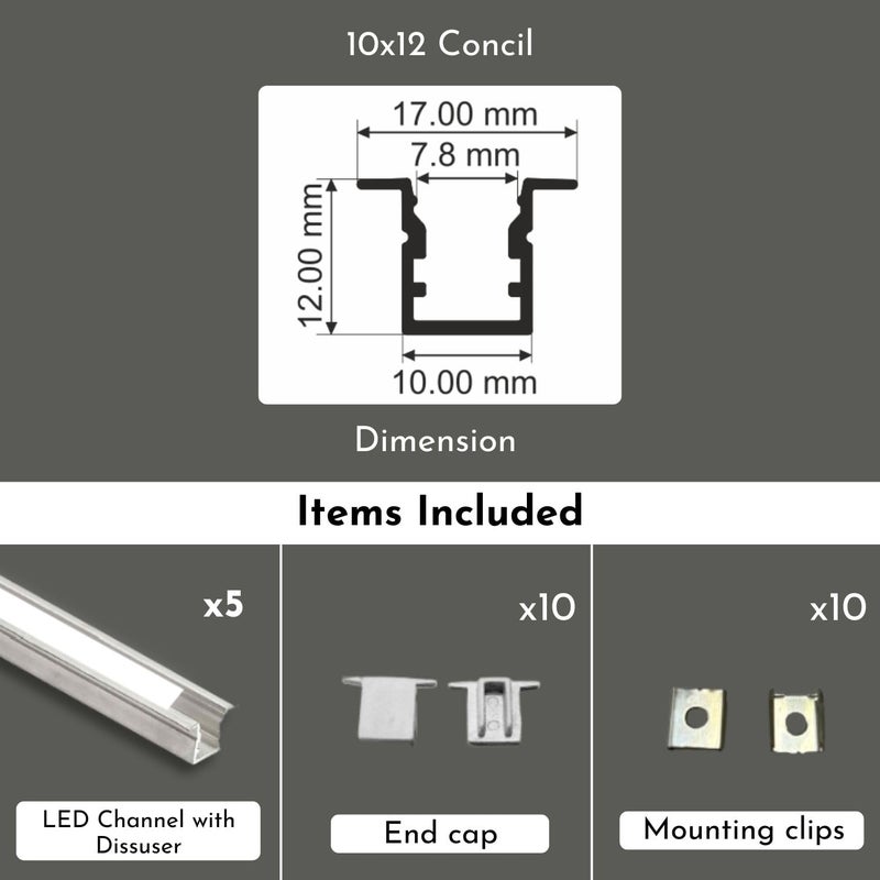 Abaj Lighting 10x12mm LED Strip Light 1Meter Aluminium Rectangular Conciled Profile Light Channels with Diffused Cover End Caps and Mounting Clips Without LED Straight Linear Pack of 5 - Image 2