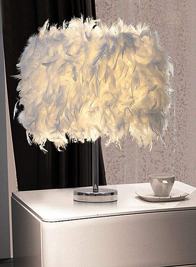 Portable Modern Style Antique Designed Decorative Table Lamp With Feather Lampshade White/Silver 13x13x24cm  - Image 2