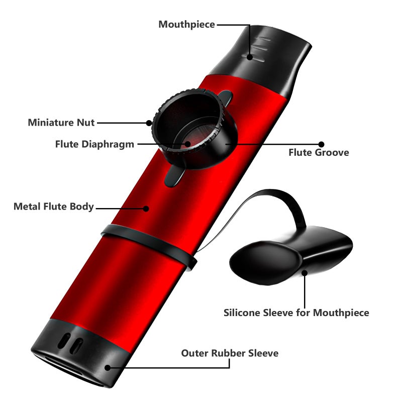 Chehery Kazoo, metal kazoo, colorful kazoo, musical instrument with 5 kazoo diaphragms (suitable for guitar, ukulele, violin, piano keyboard, adjustable kazoo for adult music lovers - red - Image 2