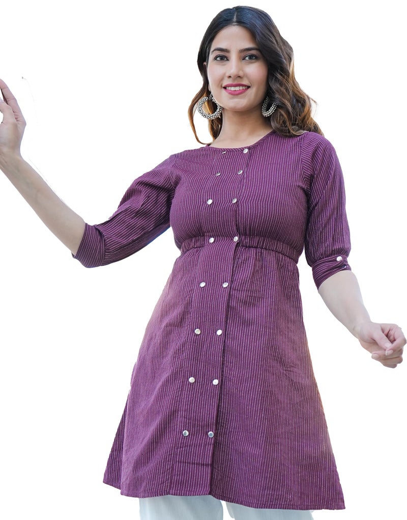 Yash Gallery Women's Kantha Cotton Stripes Printed Regular Tunic (S, Wine) - Image 1
