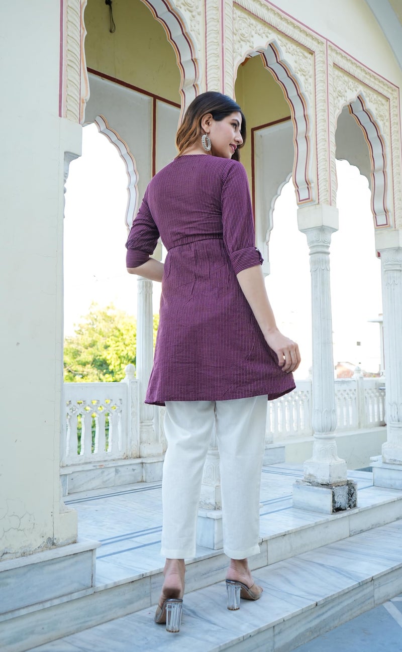 Yash Gallery Women's Kantha Cotton Stripes Printed Regular Tunic (S, Wine) - Image 4