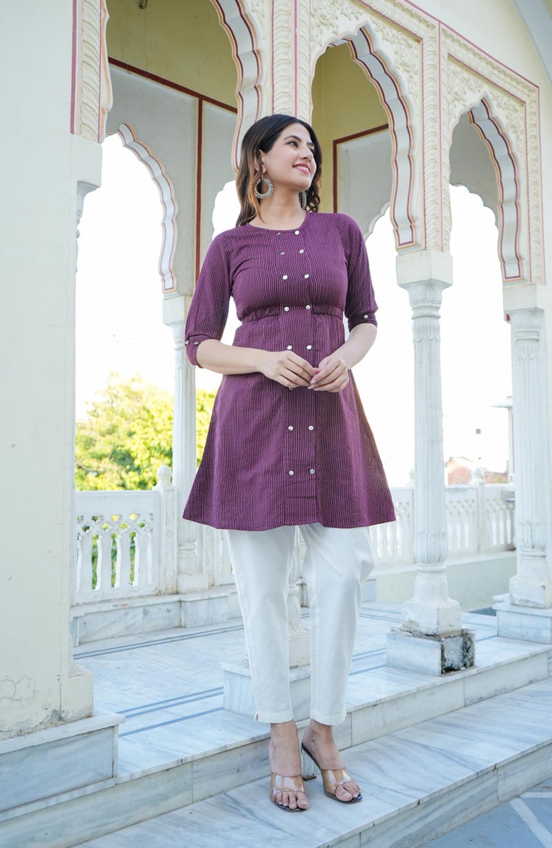Yash Gallery Women's Kantha Cotton Stripes Printed Regular Tunic (S, Wine) - Image 2