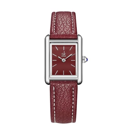 SHENGKE Minimalist Vintage Square Watches for Women with Leather Strap Red - Image 1